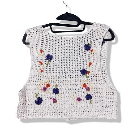 Free People Knit Crochet Crop Button Up Top Womens M White Boho Cottagecore - Picture 5 of 8